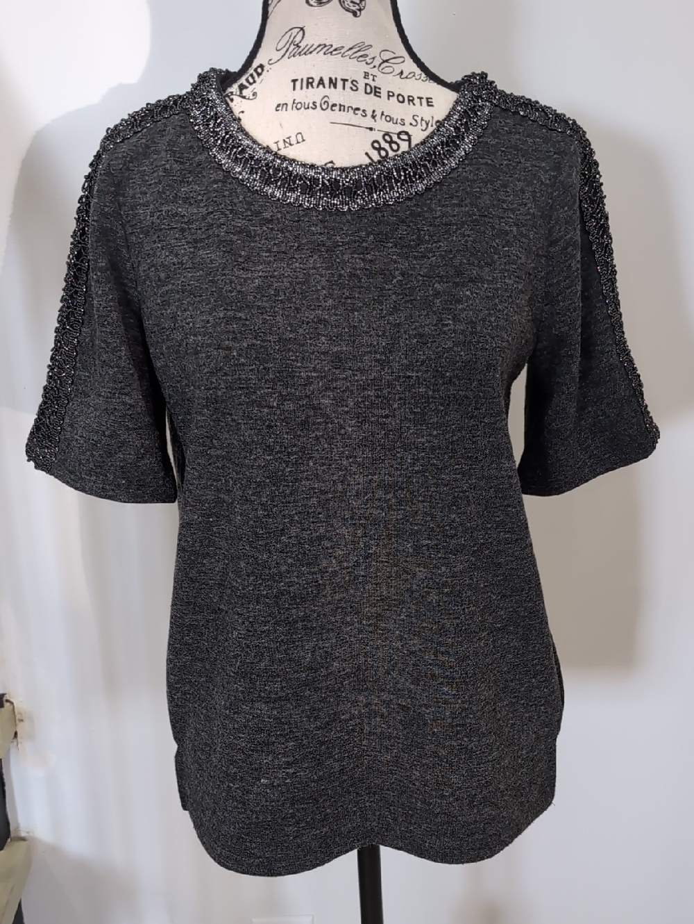 BANANA REPUBLIC |  Women's Charcoal Grey Crew Neck Lace Trim Knitted Top